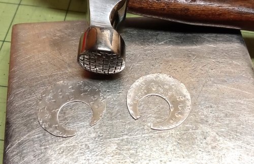 Judy Larson's Disc Cutter Earrings Remodel - , Metalwork, Cutting, Cutting Tool, Cutters, Filing, Finishing, Butane Torch, Soldering, Solder, Place each piece on a bench block